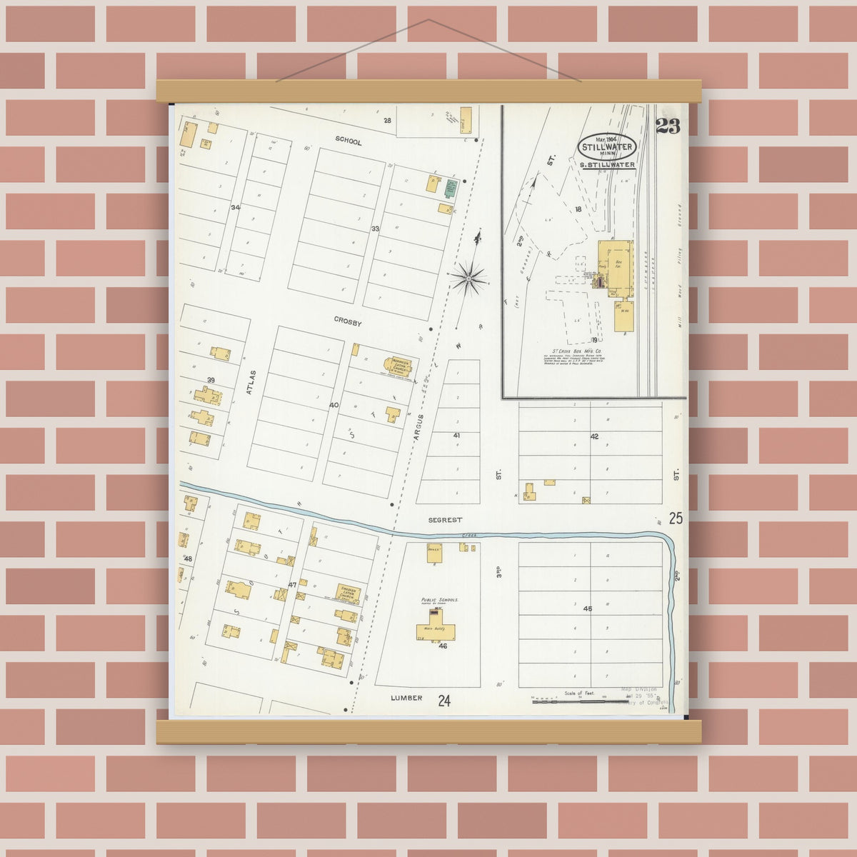 Old map wall art mockup — magnetic wood frame on brick wall — Sanborn Fire Insurance Map from Stillwater, Washington County, Minnesota (1904), Sheet #0023