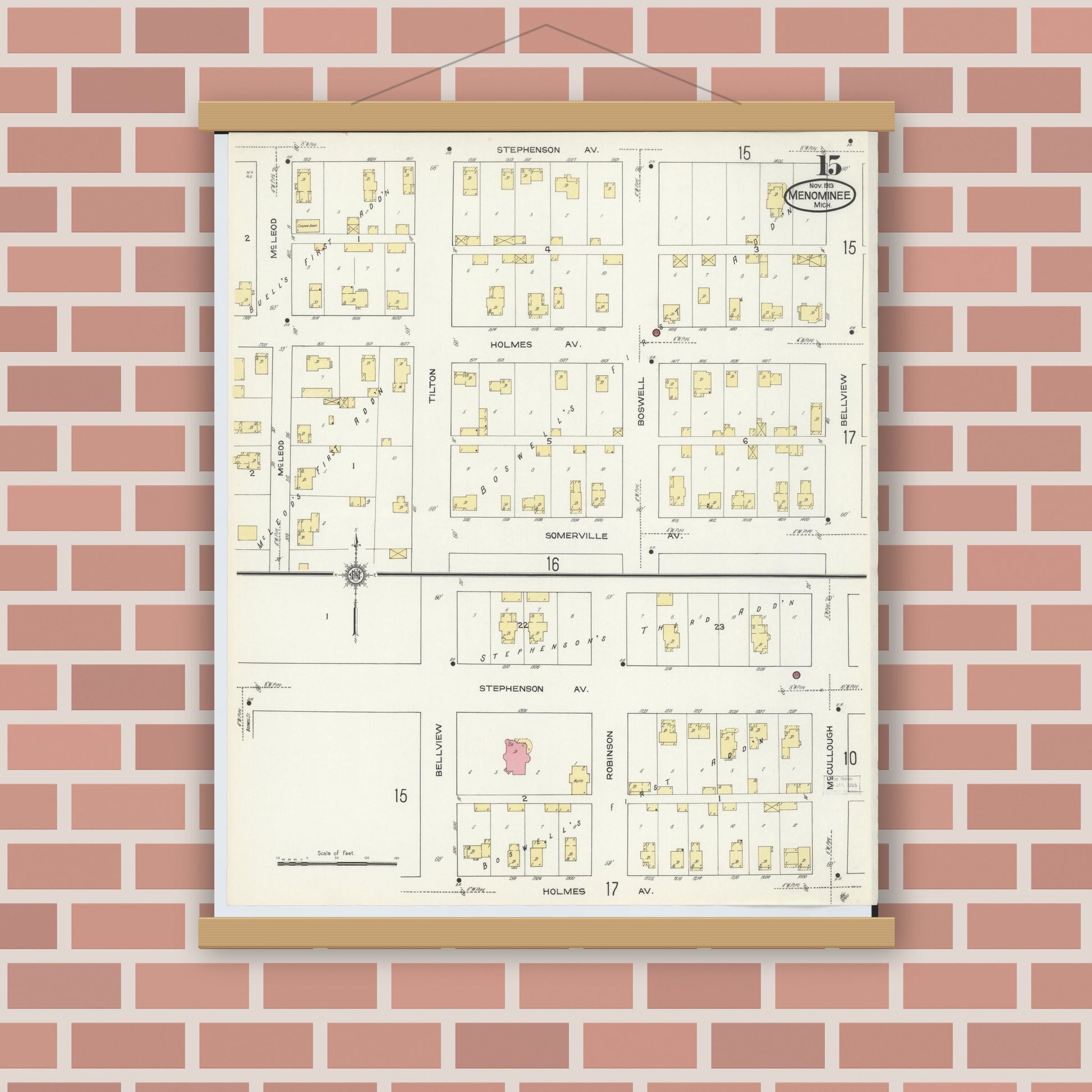Old map wall art mockup — magnetic wood frame on brick wall — Sanborn Fire Insurance Map from Menominee, Menominee County, Michigan (1913), Sheet #0015