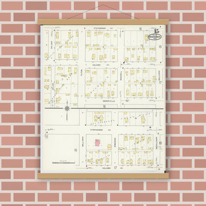Old map wall art mockup — magnetic wood frame on brick wall — Sanborn Fire Insurance Map from Menominee, Menominee County, Michigan (1913), Sheet #0015