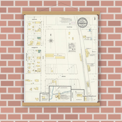 Old map wall art mockup — magnetic wood frame on brick wall — Sanborn Fire Insurance Map from Stewartville, Olmsted County, Minnesota (1909) - Complete Map Set