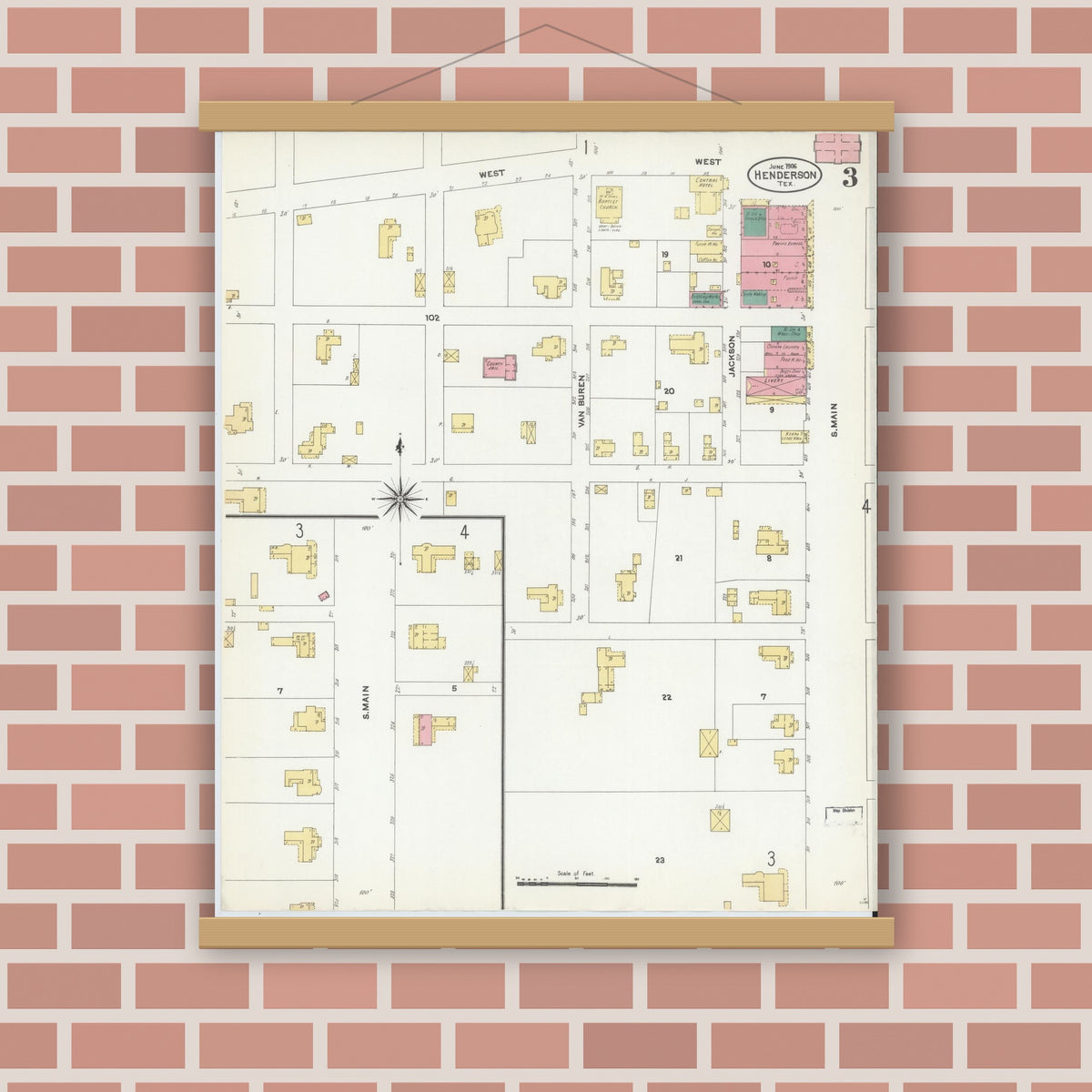 Old map wall art mockup — magnetic wood frame on brick wall — Sanborn Fire Insurance Map from Henderson, Rusk County, Texas (1906), Sheet #0003