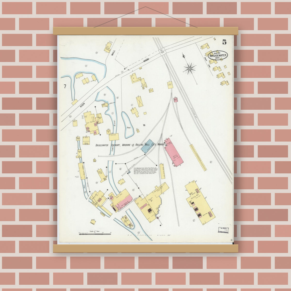 Old map wall art mockup — magnetic wood frame on brick wall — Sanborn Fire Insurance Map from Bridgewater, Plymouth County, Massachusetts (1901), Sheet #0005