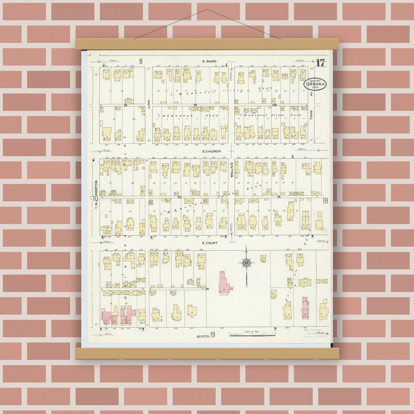 Old map wall art mockup — magnetic wood frame on brick wall — Sanborn Fire Insurance Map from Urbana, Champaign County, Ohio (1910), Sheet #0017