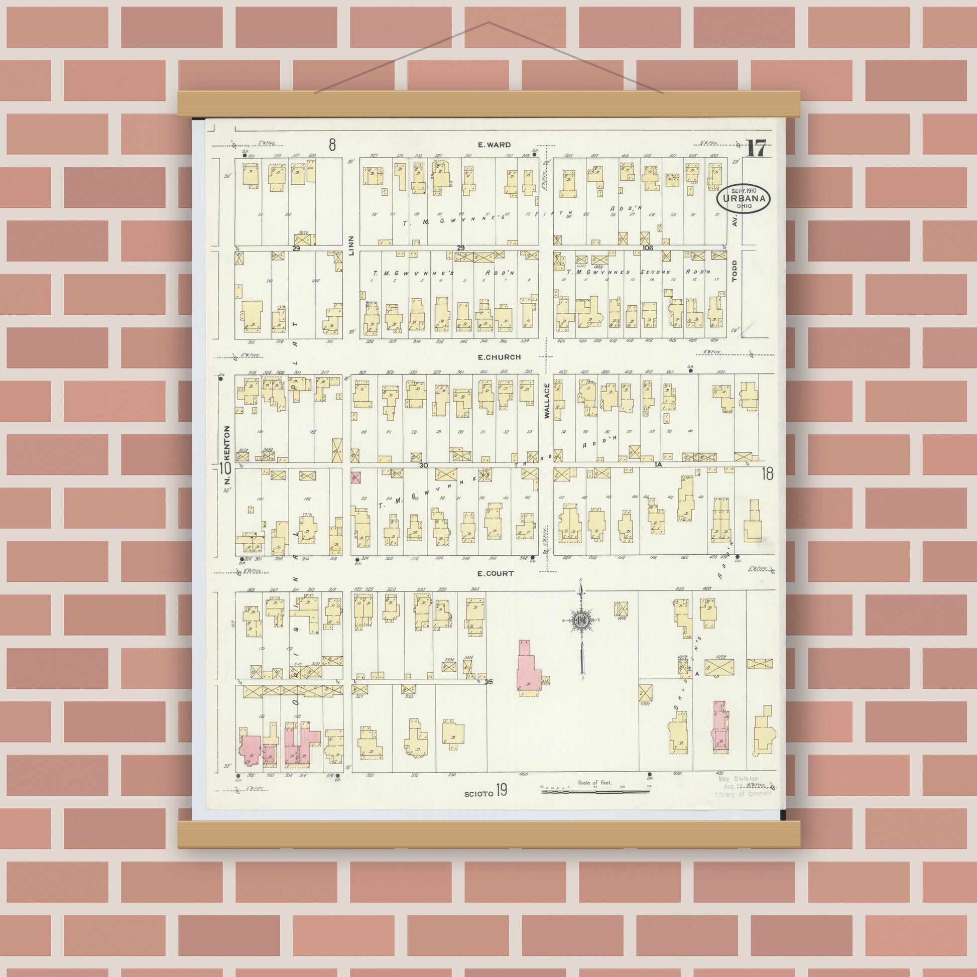 Old map wall art mockup — magnetic wood frame on brick wall — Sanborn Fire Insurance Map from Urbana, Champaign County, Ohio (1910), Sheet #0017
