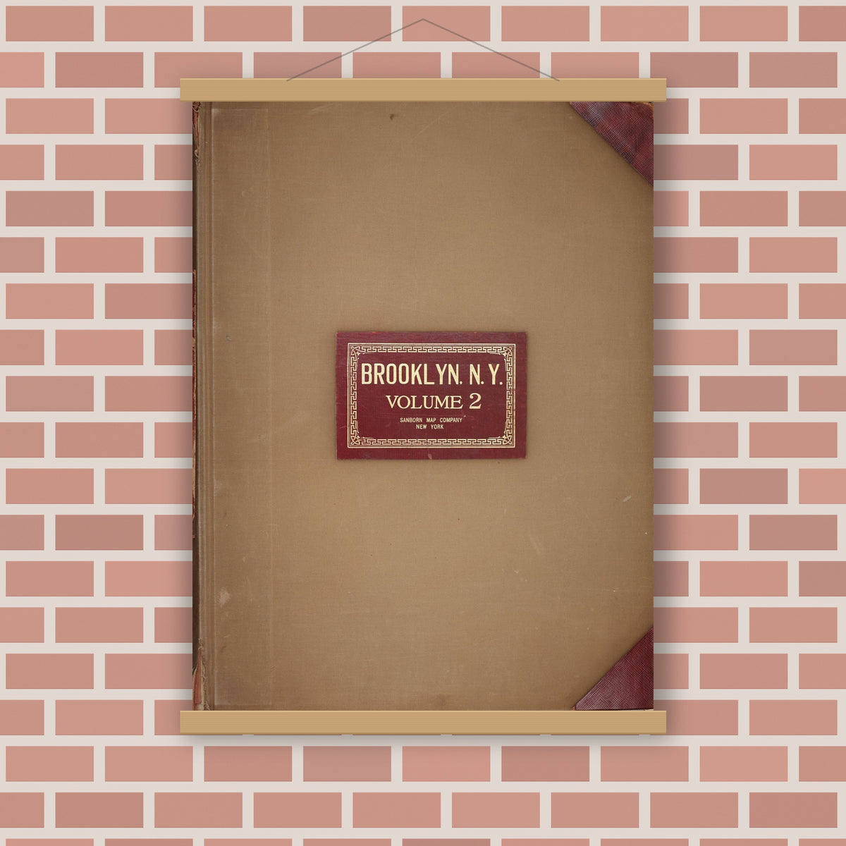 Old map wall art mockup — magnetic wood frame on brick wall — Sanborn Fire Insurance Map from Brooklyn, Kings County, New York (1950), Sheet #0001