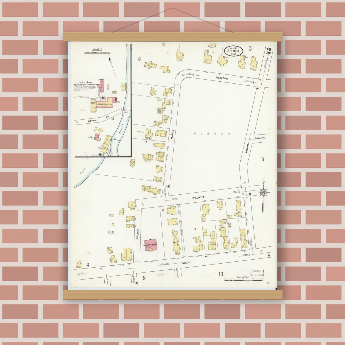 Old map wall art mockup — magnetic wood frame on brick wall — Sanborn Fire Insurance Map from Athol, Worcester County, Massachusetts (1911), Sheet #0002
