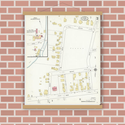 Old map wall art mockup — magnetic wood frame on brick wall — Sanborn Fire Insurance Map from Athol, Worcester County, Massachusetts (1911), Sheet #0002