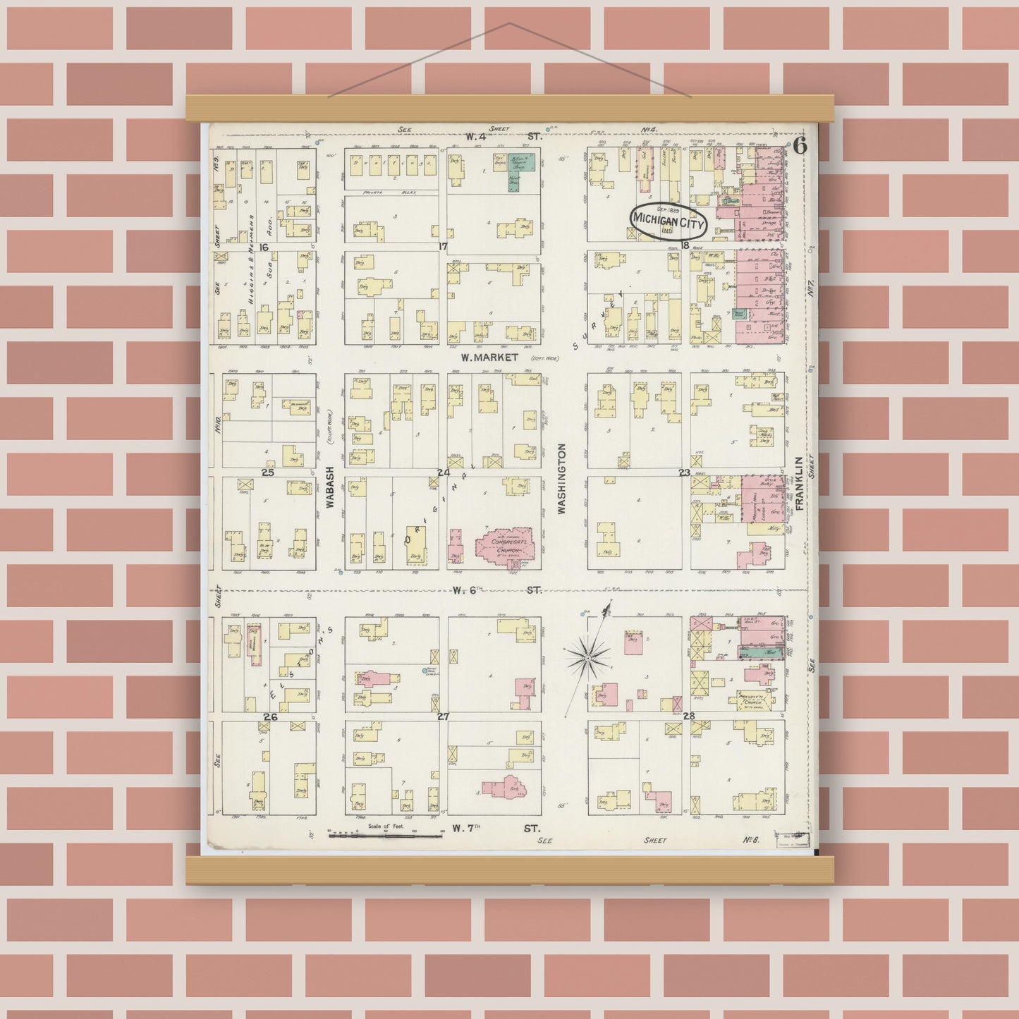Old map wall art mockup — magnetic wood frame on brick wall — Sanborn Fire Insurance Map from Michigan City, La Porte County, Indiana (1889), Sheet #0006