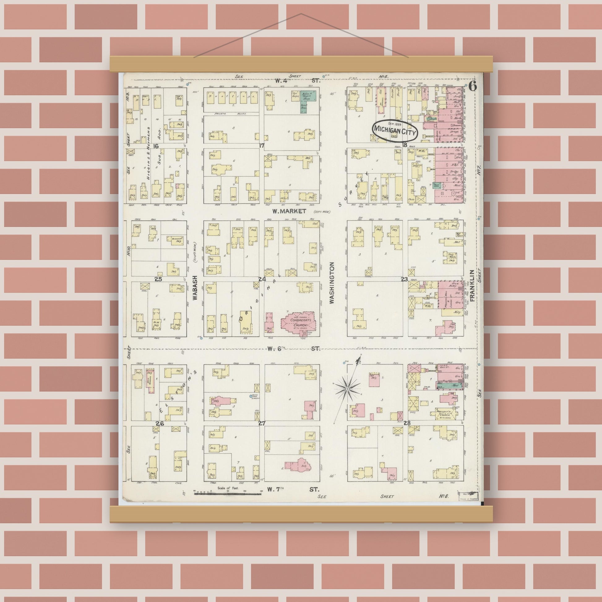 Old map wall art mockup — magnetic wood frame on brick wall — Sanborn Fire Insurance Map from Michigan City, La Porte County, Indiana (1889), Sheet #0006