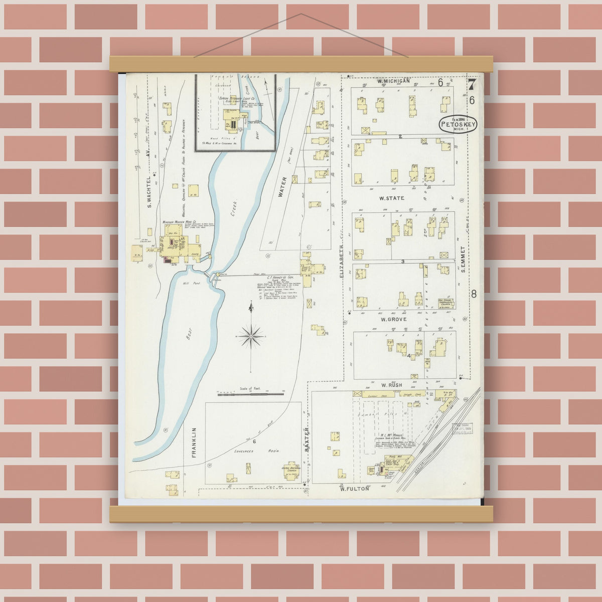 Old map wall art mockup — magnetic wood frame on brick wall — Sanborn Fire Insurance Map from Petoskey, Emmet County, Michigan (1896), Sheet #0007