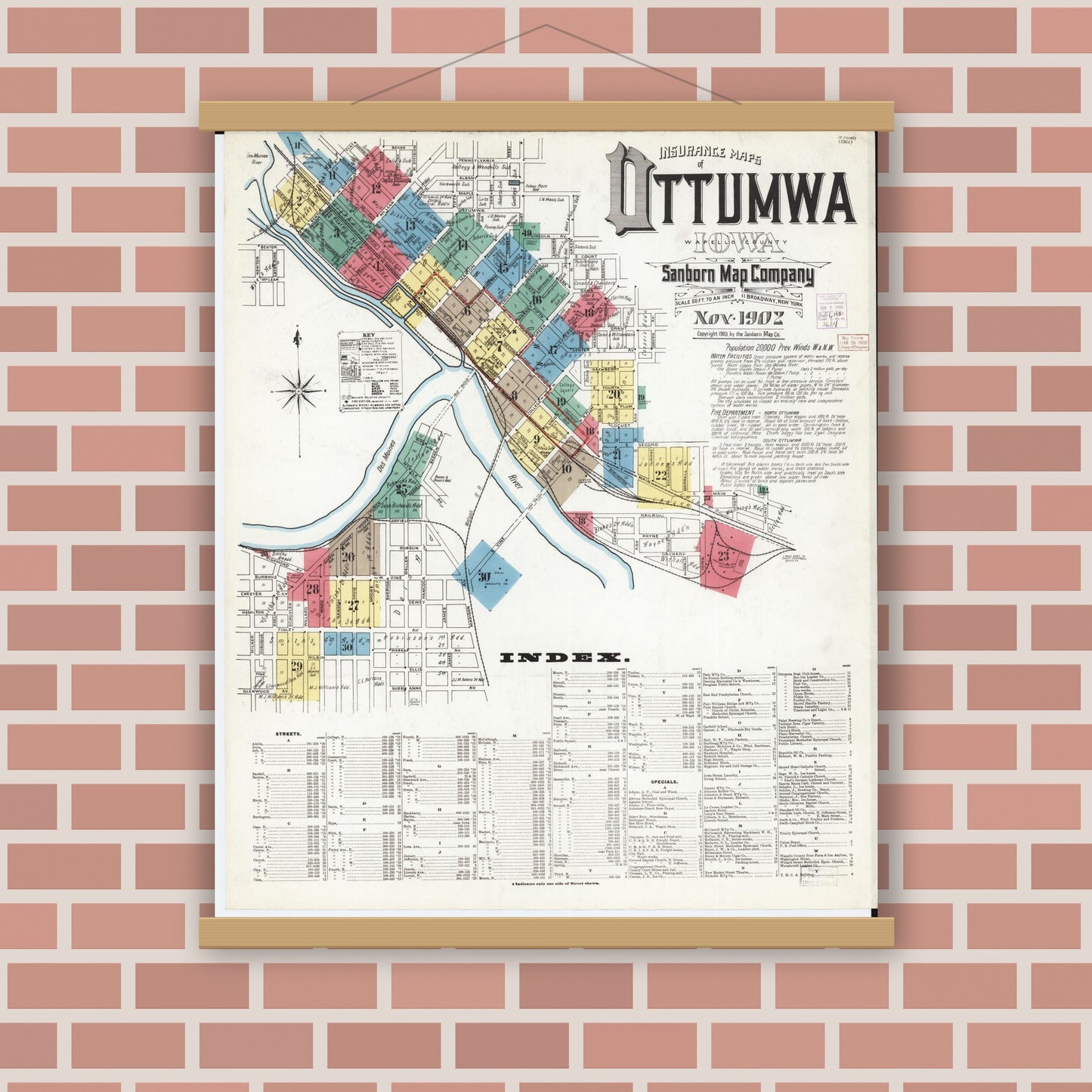 Old map wall art mockup — magnetic wood frame on brick wall — Sanborn Fire Insurance Map from Ottumwa, Wapello County, Iowa (1902), Sheet #0001