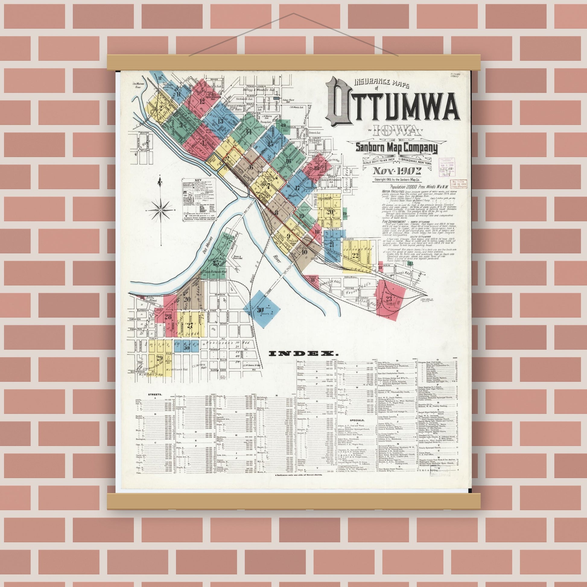 Old map wall art mockup — magnetic wood frame on brick wall — Sanborn Fire Insurance Map from Ottumwa, Wapello County, Iowa (1902), Sheet #0001