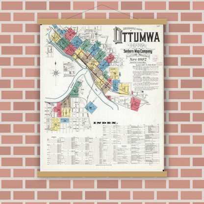 Old map wall art mockup — magnetic wood frame on brick wall — Sanborn Fire Insurance Map from Ottumwa, Wapello County, Iowa (1902), Sheet #0001