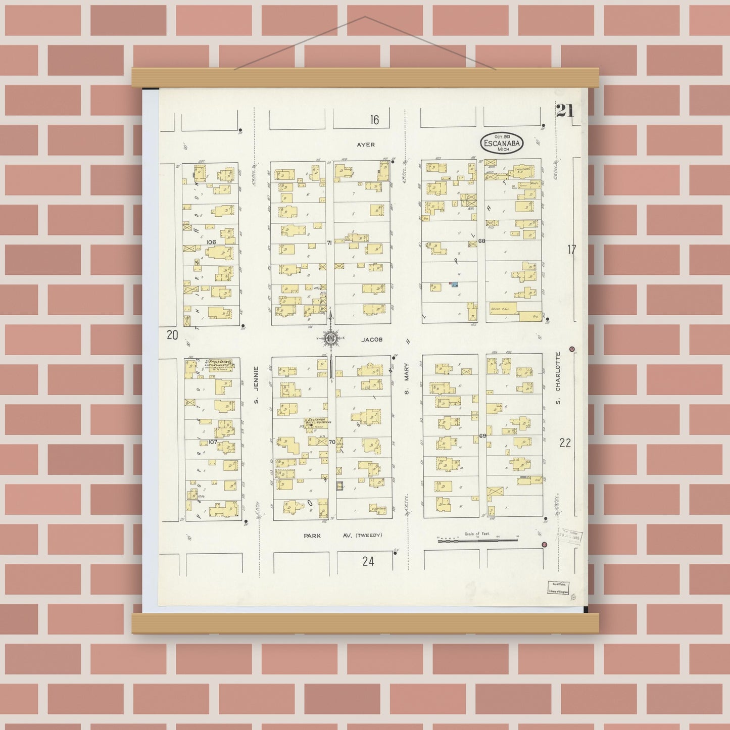 Old map wall art mockup — magnetic wood frame on brick wall — Sanborn Fire Insurance Map from Escanaba, Delta County, Michigan (1913), Sheet #0021