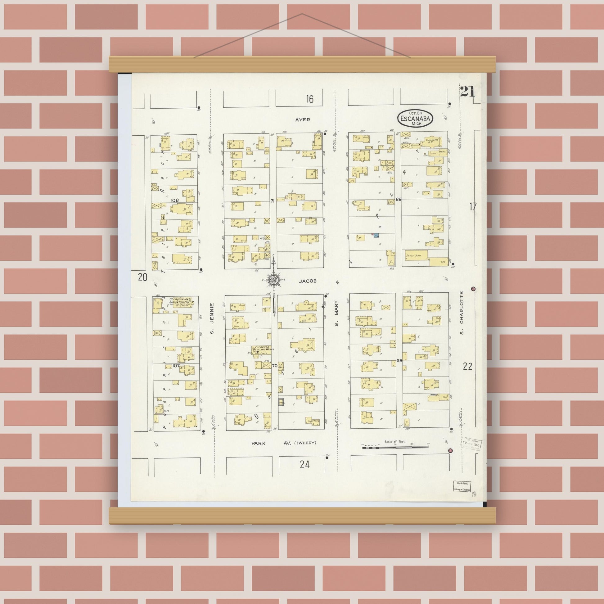 Old map wall art mockup — magnetic wood frame on brick wall — Sanborn Fire Insurance Map from Escanaba, Delta County, Michigan (1913), Sheet #0021