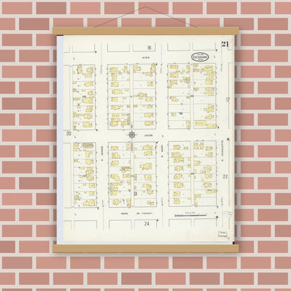 Old map wall art mockup — magnetic wood frame on brick wall — Sanborn Fire Insurance Map from Escanaba, Delta County, Michigan (1913), Sheet #0021