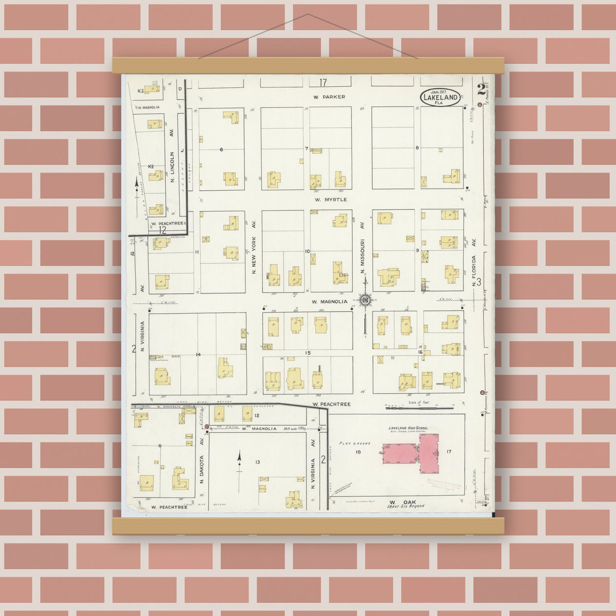 Old map wall art mockup — magnetic wood frame on brick wall — Sanborn Fire Insurance Map from Lakeland, Polk County, Florida (1917), Sheet #0002