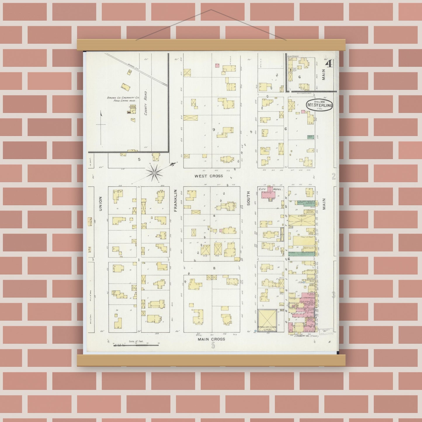 Old map wall art mockup — magnetic wood frame on brick wall — Sanborn Fire Insurance Map from Mount Sterling, Brown County, Illinois (1894), Sheet #0004
