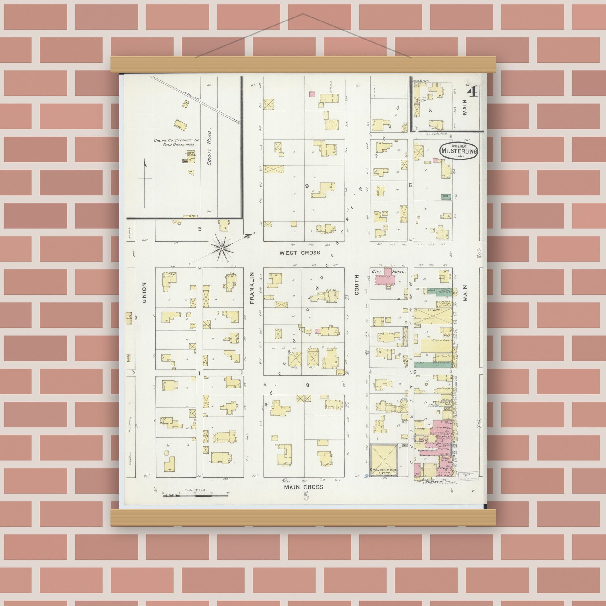 Old map wall art mockup — magnetic wood frame on brick wall — Sanborn Fire Insurance Map from Mount Sterling, Brown County, Illinois (1894), Sheet #0004