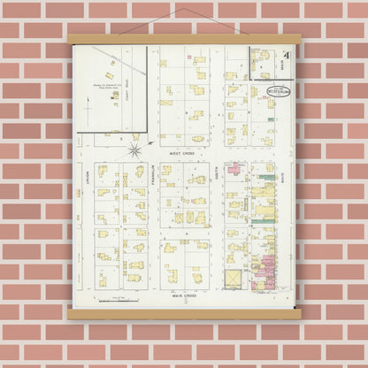 Old map wall art mockup — magnetic wood frame on brick wall — Sanborn Fire Insurance Map from Mount Sterling, Brown County, Illinois (1894), Sheet #0004