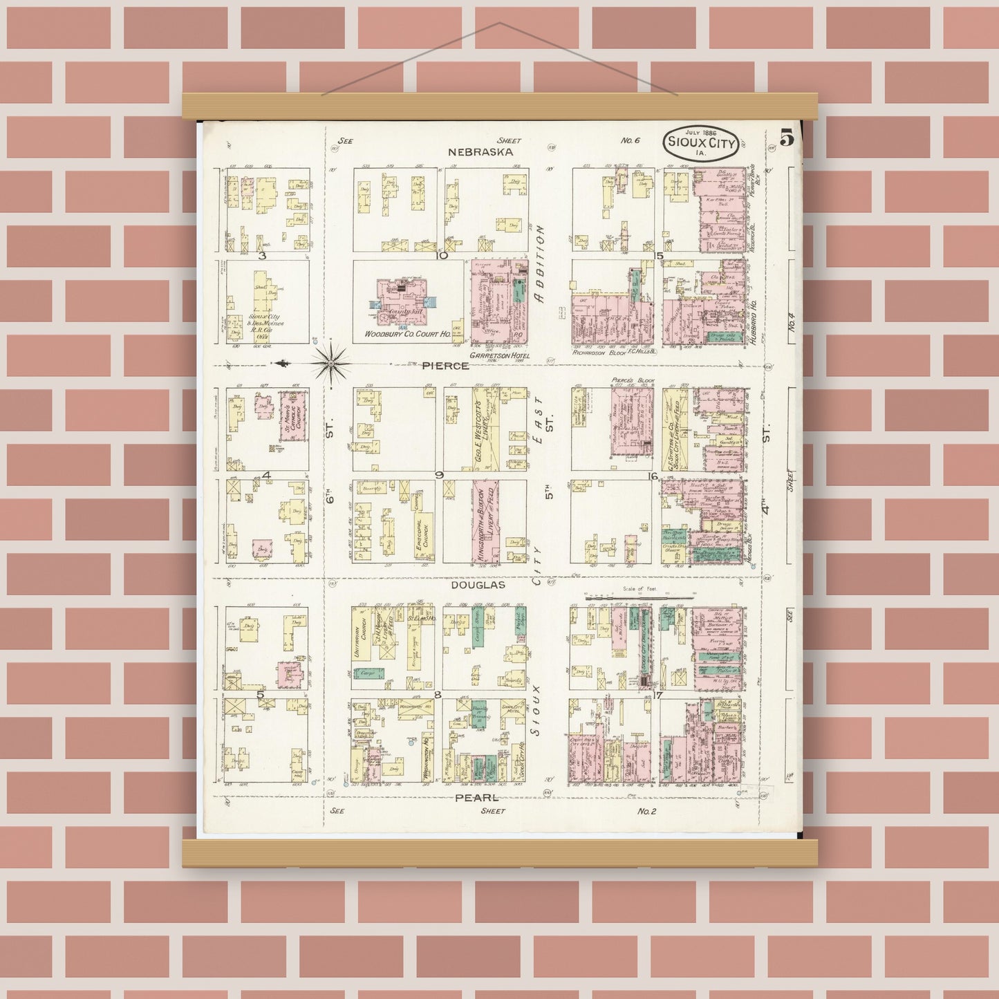 Old map wall art mockup — magnetic wood frame on brick wall — Sanborn Fire Insurance Map from Sioux City, Woodbury County, Iowa (1886), Sheet #0005