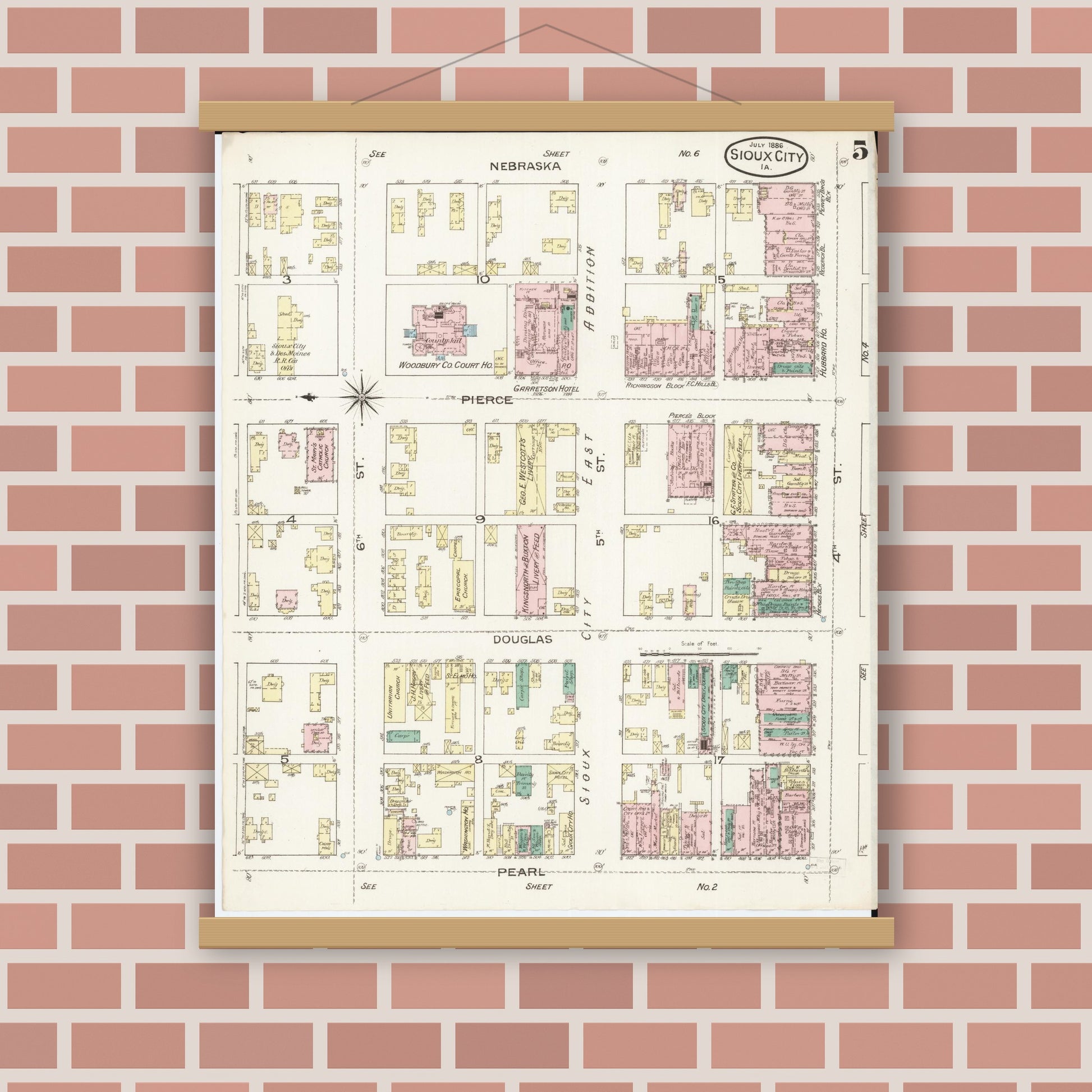Old map wall art mockup — magnetic wood frame on brick wall — Sanborn Fire Insurance Map from Sioux City, Woodbury County, Iowa (1886), Sheet #0005