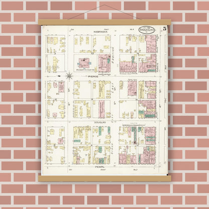 Old map wall art mockup — magnetic wood frame on brick wall — Sanborn Fire Insurance Map from Sioux City, Woodbury County, Iowa (1886), Sheet #0005