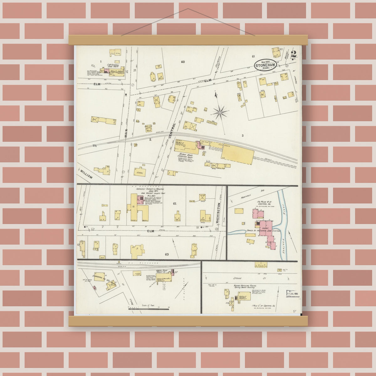 Old map wall art mockup — magnetic wood frame on brick wall — Sanborn Fire Insurance Map from Stoneham, Middlesex County, Massachusetts (1897), Sheet #0002
