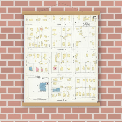 Old map wall art mockup — magnetic wood frame on brick wall — Sanborn Fire Insurance Map from Dixon, Lee County, Illinois (1910), Sheet #0012