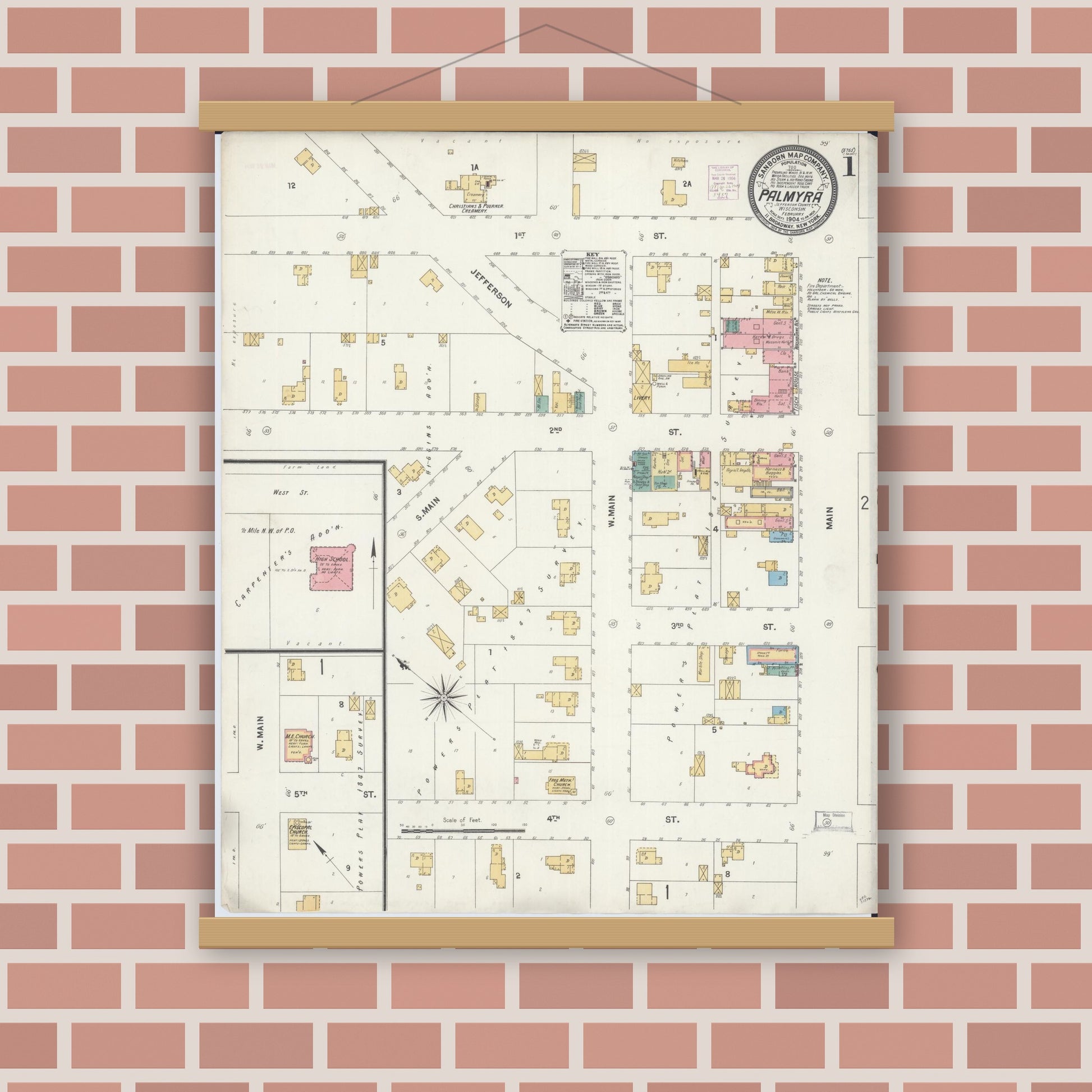 Old map wall art mockup — magnetic wood frame on brick wall — Sanborn Fire Insurance Map from Palmyra, Jefferson County, Wisconsin (1904) - Complete Map Set