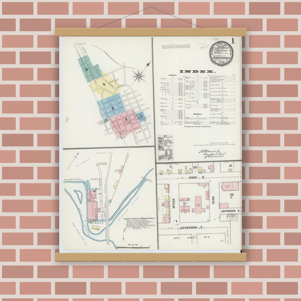 Old map wall art mockup — magnetic wood frame on brick wall — Sanborn Fire Insurance Map from Charlottesville, Independent Cities, Virginia (1891), Sheet #0001