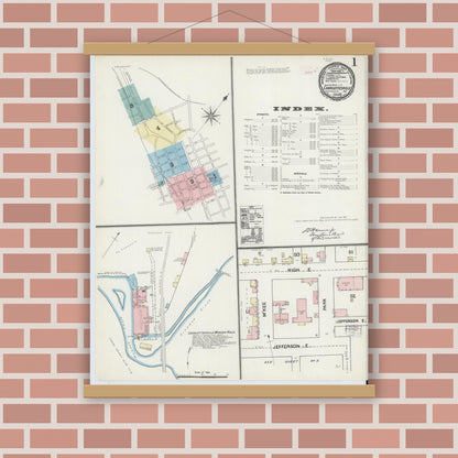Old map wall art mockup — magnetic wood frame on brick wall — Sanborn Fire Insurance Map from Charlottesville, Independent Cities, Virginia (1891), Sheet #0001