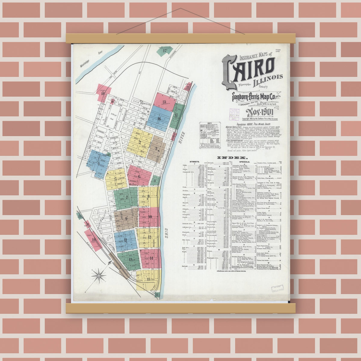 Old map wall art mockup — magnetic wood frame on brick wall — Sanborn Fire Insurance Map from Cairo, Alexander County, Illinois (1901) - Complete Map Set