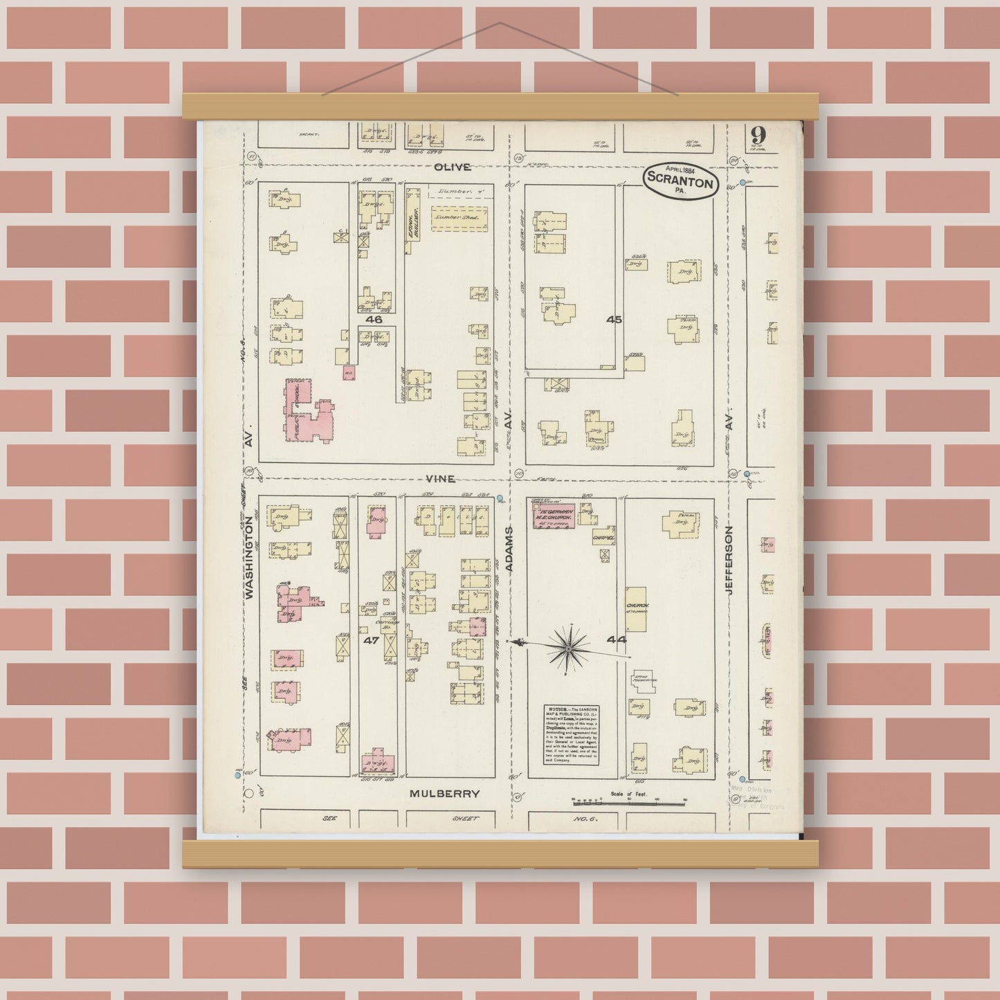 Old map wall art mockup — magnetic wood frame on brick wall — Sanborn Fire Insurance Map from Scranton, Lackawanna County, Pennsylvania (1884), Sheet #0009