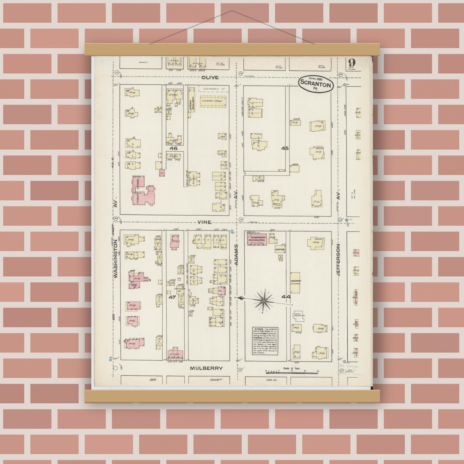 Old map wall art mockup — magnetic wood frame on brick wall — Sanborn Fire Insurance Map from Scranton, Lackawanna County, Pennsylvania (1884), Sheet #0009