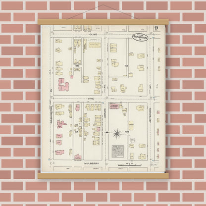 Old map wall art mockup — magnetic wood frame on brick wall — Sanborn Fire Insurance Map from Scranton, Lackawanna County, Pennsylvania (1884), Sheet #0009
