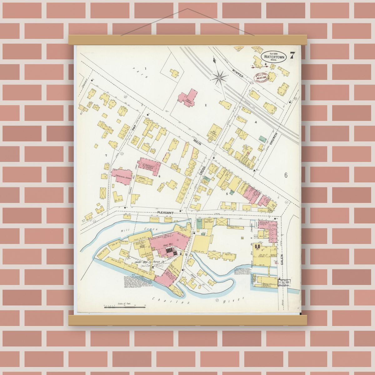 Old map wall art mockup — magnetic wood frame on brick wall — Sanborn Fire Insurance Map from Watertown, Middlesex County, Massachusetts (1899), Sheet #0007