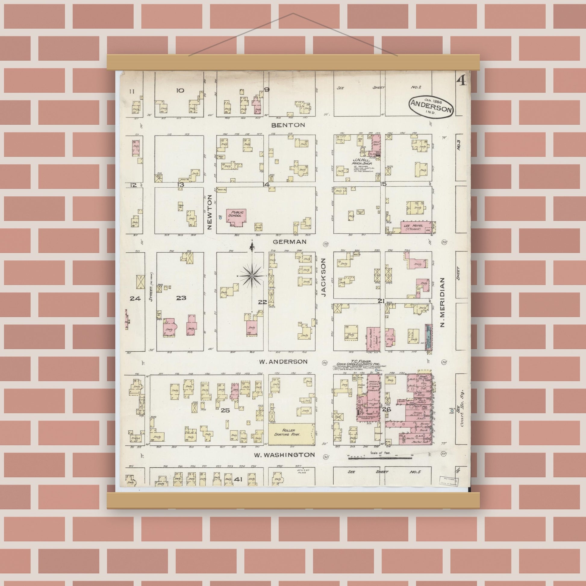 Old map wall art mockup — magnetic wood frame on brick wall — Sanborn Fire Insurance Map from Anderson, Madison County, Indiana (1886), Sheet #0004