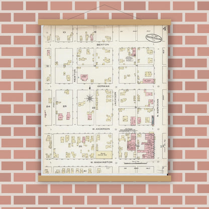 Old map wall art mockup — magnetic wood frame on brick wall — Sanborn Fire Insurance Map from Anderson, Madison County, Indiana (1886), Sheet #0004