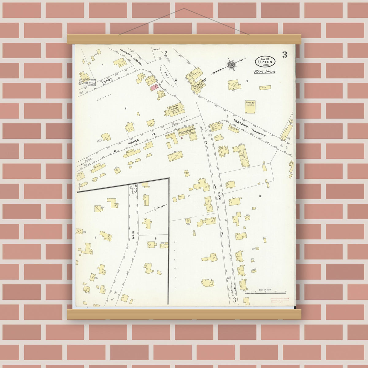 Old map wall art mockup — magnetic wood frame on brick wall — Sanborn Fire Insurance Map from Upton, Worcester County, Massachusetts (1910), Sheet #0003