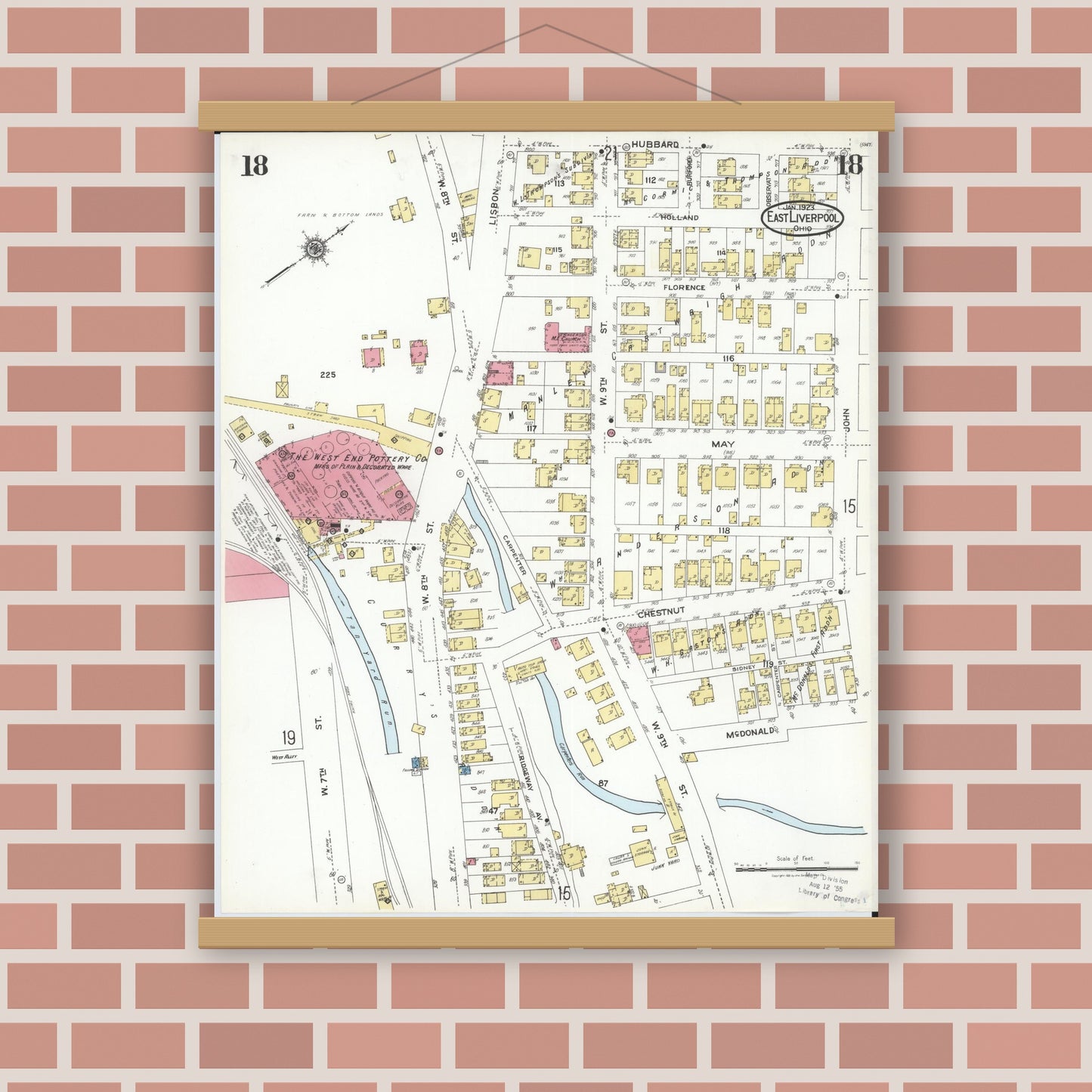 Old map wall art mockup — magnetic wood frame on brick wall — Sanborn Fire Insurance Map from East Liverpool, Columbiana County, Ohio (1923), Sheet #0018
