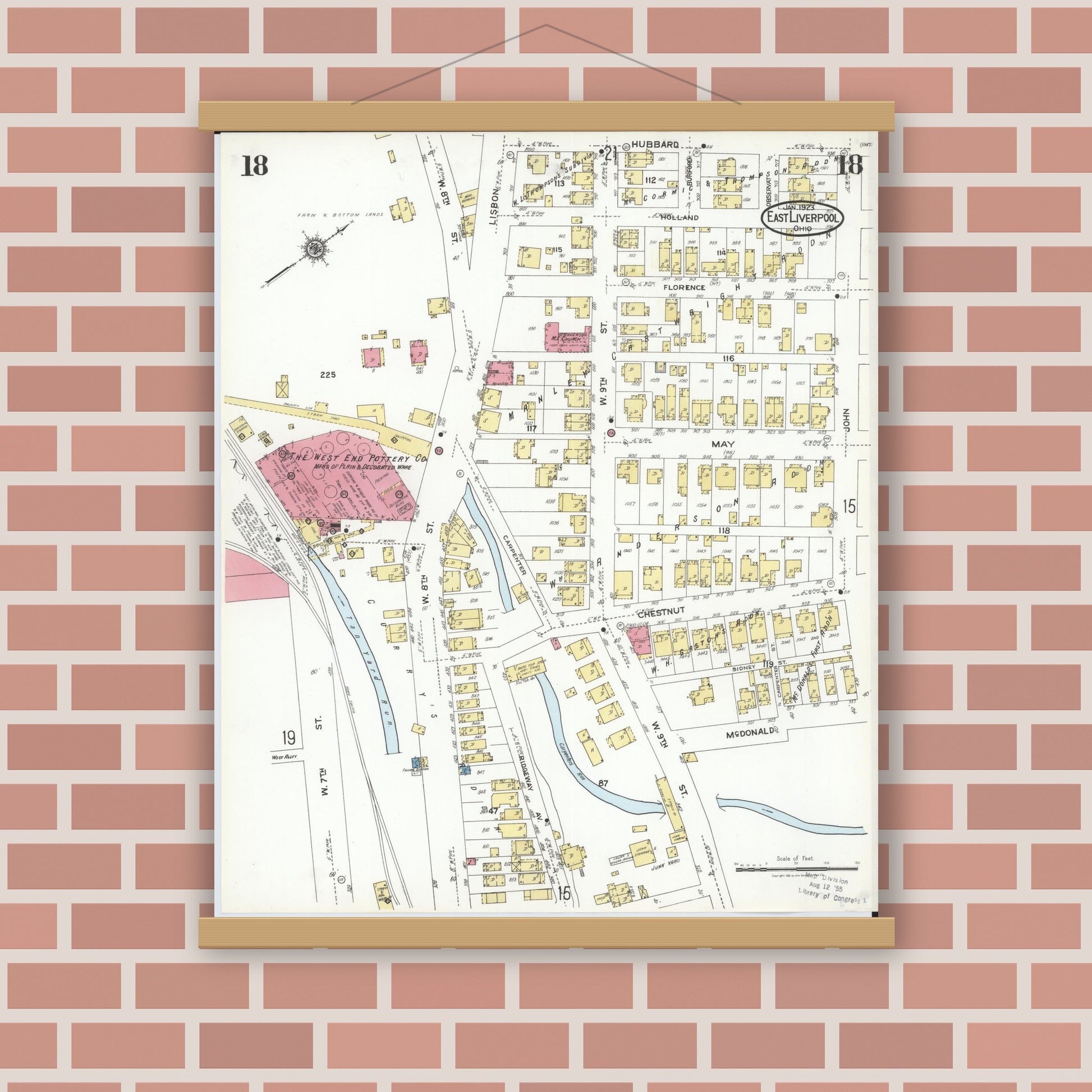 Old map wall art mockup — magnetic wood frame on brick wall — Sanborn Fire Insurance Map from East Liverpool, Columbiana County, Ohio (1923), Sheet #0018