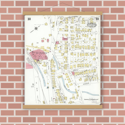 Old map wall art mockup — magnetic wood frame on brick wall — Sanborn Fire Insurance Map from East Liverpool, Columbiana County, Ohio (1923), Sheet #0018