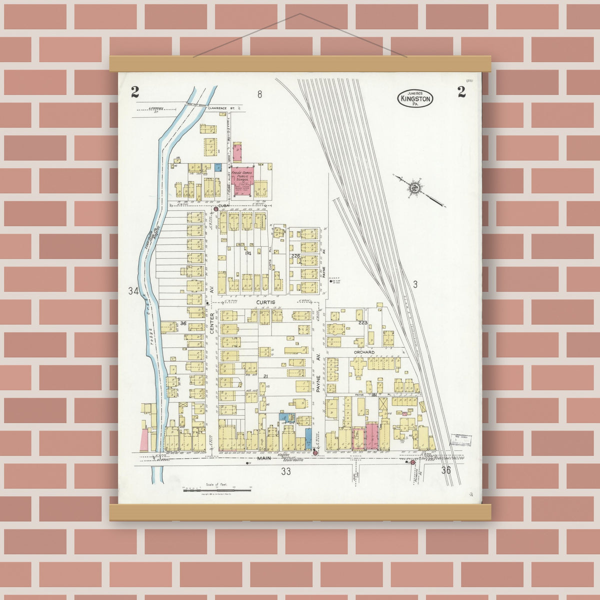 Old map wall art mockup — magnetic wood frame on brick wall — Sanborn Fire Insurance Map from Kingston, Luzerne County, Pennsylvania (1925), Sheet #0002