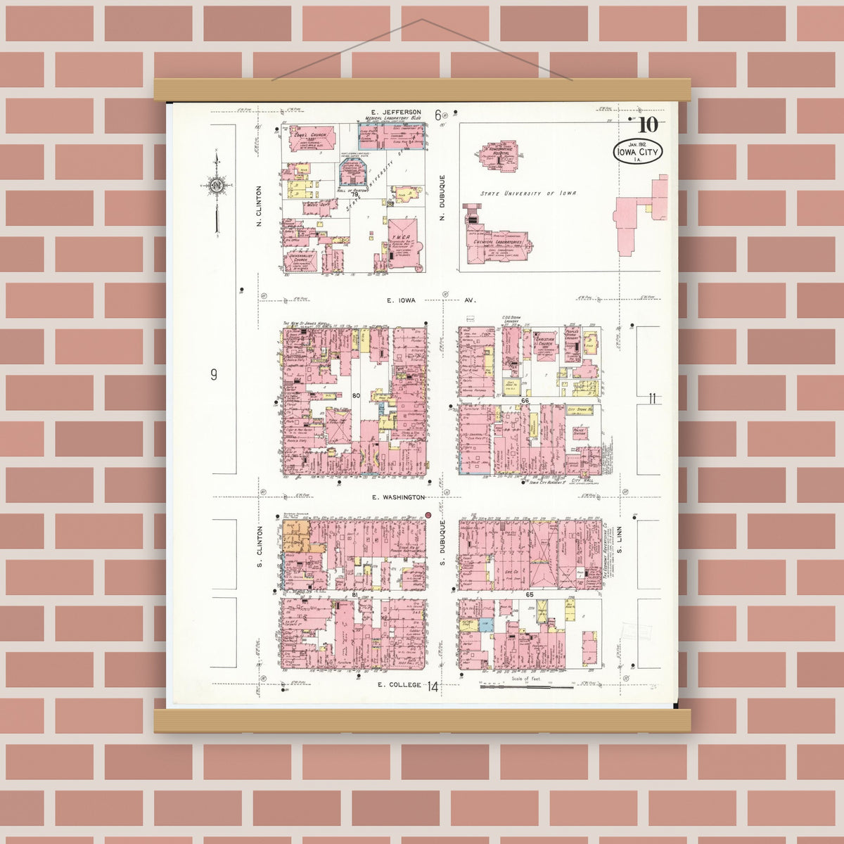 Old map wall art mockup — magnetic wood frame on brick wall — Sanborn Fire Insurance Map from Iowa City, Johnson County, Iowa (1912), Sheet #0010