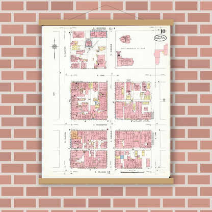 Old map wall art mockup — magnetic wood frame on brick wall — Sanborn Fire Insurance Map from Iowa City, Johnson County, Iowa (1912), Sheet #0010