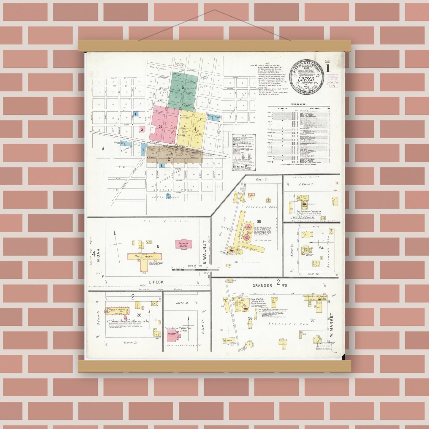 Old map wall art mockup — magnetic wood frame on brick wall — Sanborn Fire Insurance Map from Cresco, Howard County, Iowa (1902) â€” Complete Set