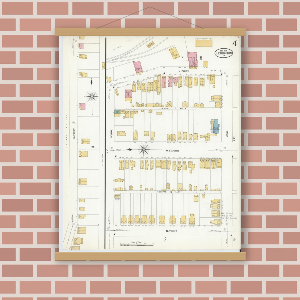 Old map wall art mockup — magnetic wood frame on brick wall — Sanborn Fire Insurance Map from Lehighton, Carbon County, Pennsylvania (1908), Sheet #0004