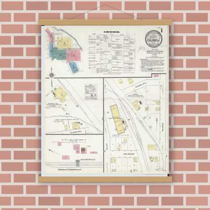 Old map wall art mockup — magnetic wood frame on brick wall — Sanborn Fire Insurance Map from Caldwell, Noble County, Ohio (1911), Sheet #0001