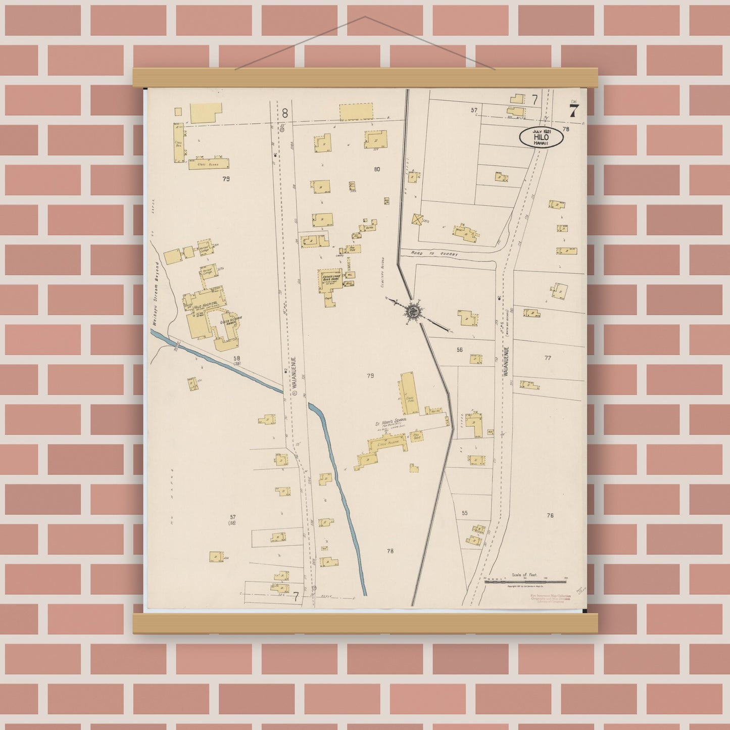 Old map wall art mockup — magnetic wood frame on brick wall — Sanborn Fire Insurance Map from Hilo, Hawaii County, Hawaii (1921), Sheet #0007